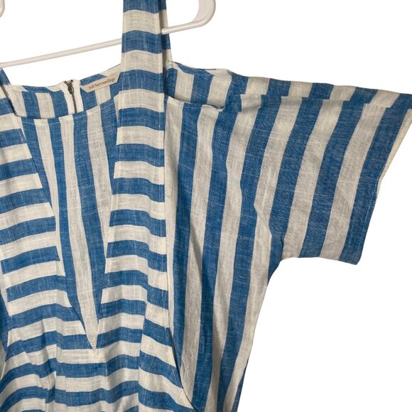 Soft Surroundings Linen Blend Cold-Shoulder Top PXL Blue White Striped Short Sl - Picture 8 of 12